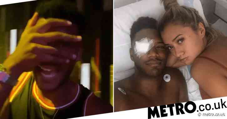 Love Island’s Theo Campbell protects his eyes as girlfriend Kaz Crossley pops champagne bottle