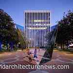 Geometrically artistic structure on view in LA’s King Plaza