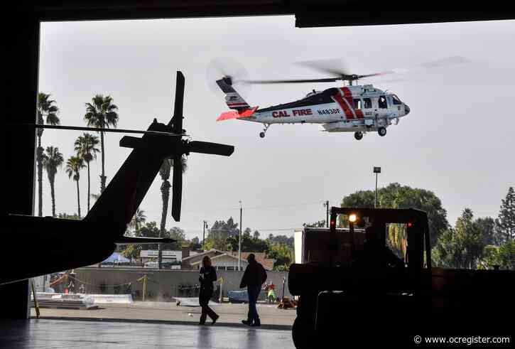 25 helicopters arrive one-by-one at the Anaheim Convention Center