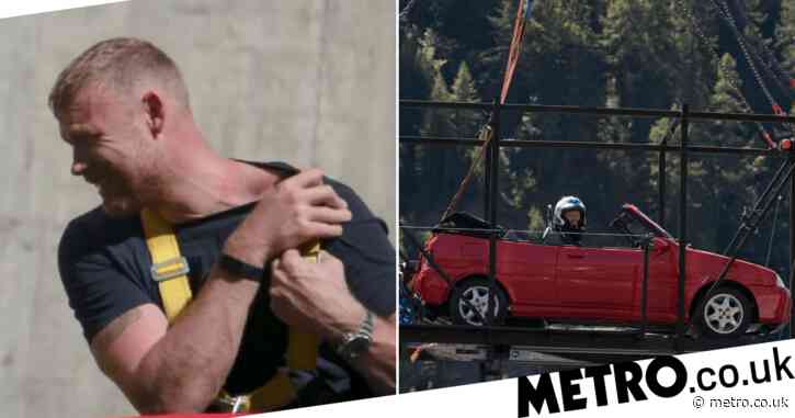 Top Gear’s Freddie Flintoff sweats through top and shows off painful harness marks after terrifying car bungee jump