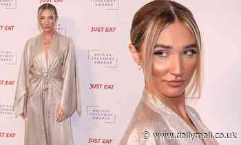 Megan McKenna stuns in a metallic floor length Grecian gown at the British Takeaway Awards