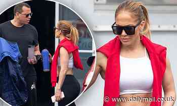 Jennifer Lopez displays her washboard abs as she hits the gym with Alex Rodriguez