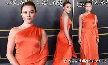 Little Women star Florence Pugh looks sensational in an orange gown at the Oscars Nominees Luncheon