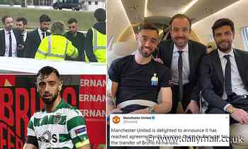 Bruno Fernandes lands in Manchester to complete his transfer to Man United