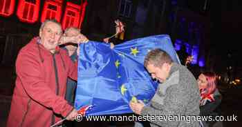 Partying Bolton Brexiteers attempt to set EU flag on fire... but fail because of European fire regulations - Manchester Evening News