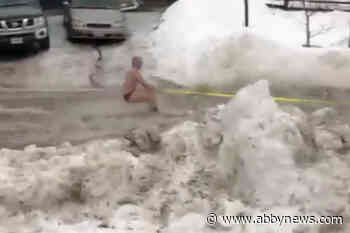VIDEO: Man in speedo skis along slushy Fernie street