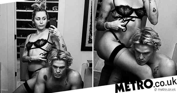 Miley Cyrus strips down to her underwear and poses with scissors with topless boyfriend Cody Simpson