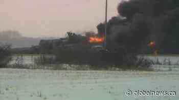 Freight train derails, catches fire near Guernsey, Sask.