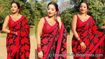 Monalisa gives major 'Valentine's Day' vibes in a red and black floral sari