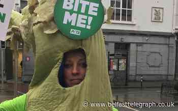 Activist dressed as stick of celery highlights climate change at Irish polling station