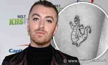 Sam Smith showcases their new black and white tattoo of Elliott from the Disney film Pete's Dragon