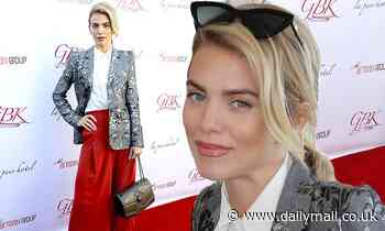 AnnaLynne McCord of 90210 fame is elegant in a grey blazer  while hitting an Oscar gifting suite