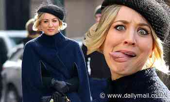 Kaley Cuoco sticks out her tongue as she goofs around on set of The Flight Attendant