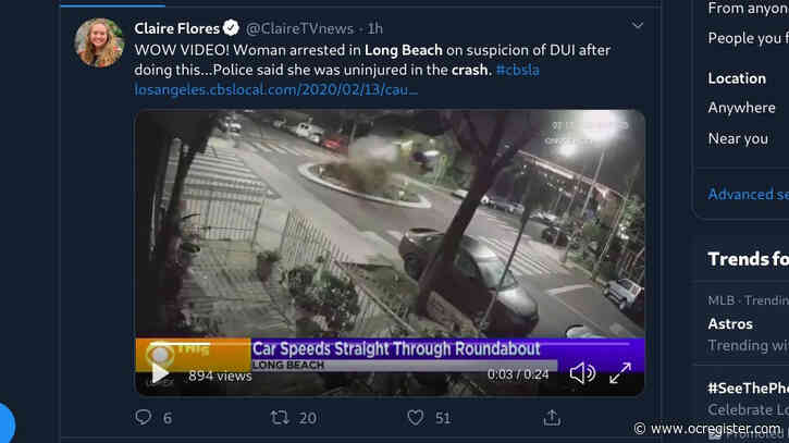 Video captures car going airborne in Long Beach after hitting traffic circle