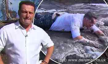 Karl Stefanovic flashes derrière and is left covered in COW DUNG as he goes down a slip and slide