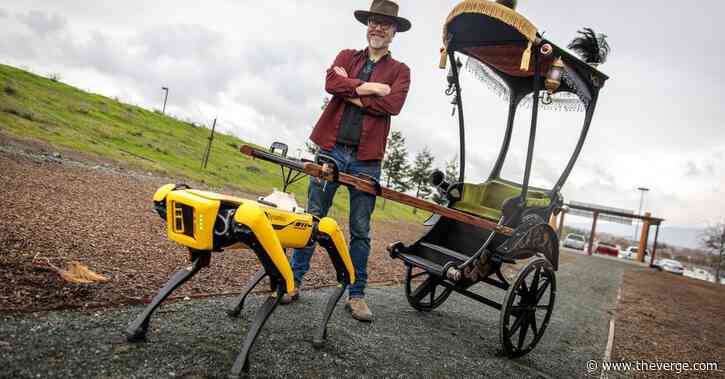Spot is surprisingly good at pulling Adam Savage in a rickshaw