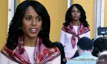 Kerry Washington looks serious as she gives a press conference while shooting Netflix's The Prom