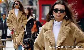 Emily Ratajkowski looks effortlessly chic as she braves the NYC chill to take dog Colombo for a walk