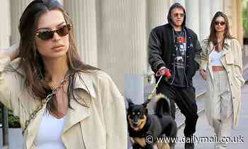 Emily Ratajkowski bares taut midriff as she walks dog Colombo with hubby Sebastian Bear-McClard