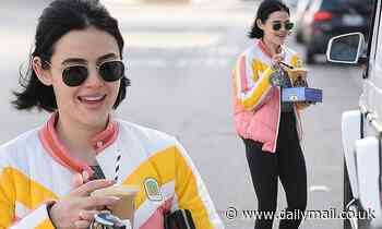 Lucy Hale wears bright jacket as she goes on a coffee run after workout in Los Angeles  