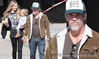 Josh Brolin and wife Kathryn stay warm while stepping out for juices with baby Westlyn in Malibu