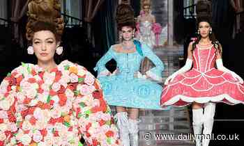 Gigi Hadid rules the runway in a quirky rose dress for Moschino's Milan Fashion Week Show