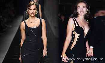 Irina Shayk channels Liz Hurley's 1994 safety pin dress for Versace's Milan Fashion Week show