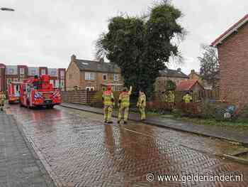 Brandweer zaagt boom om die door de storm op woning dreigde te vallen in Wageningen