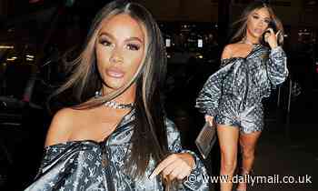 Chelsee Healey dresses up a designer sports jacket and shorts co-ord with heels
