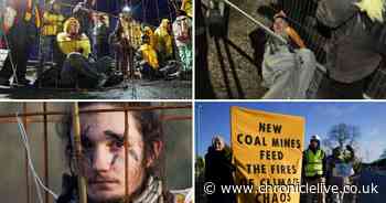 Extinction Rebellion activists dressed as canaries while blocking entrance to County Durham mine