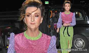 Victoria Derbyshire goes for a block pastel dress as she arrives at the Television Journalism Awards