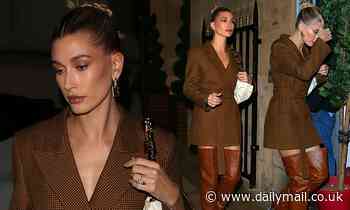 Hailey Bieber looks sartorially chic in blazer dress and racy thigh-high boots