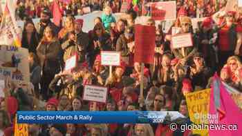 Public sector supporters rally at Alberta legislature on budget day