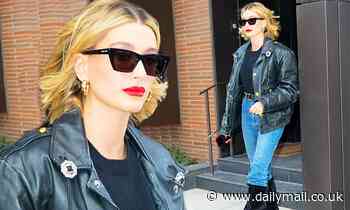 Hailey Bieber is a vision of health with bright red lips after wearing mask