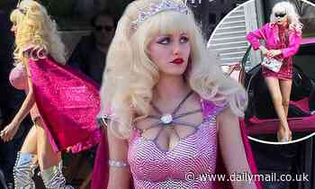 Emmy Rossum continues to film Angelyne series as the real Angelyne is seen all in pink