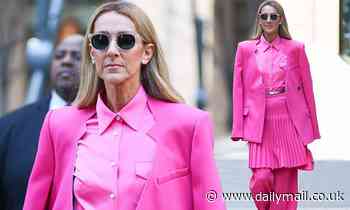Celine Dion displays her bold fashion sense in a neon pink four-piece creation in New Jersey