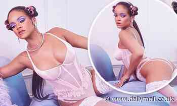 Rihanna stuns in a sheer bustier and stockings as she models her new Savage x Fenty collection