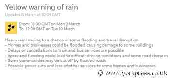Yellow warning issued for heavy rain in the Dales - flooding possible