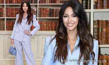 Michelle Keegan cuts a stylish figure in a lilac plaid suit at Our Girl screening