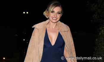 Celebs Go Dating: Amy Hart looks glamorous in a plunging blue satin jumpsuit at wrap party