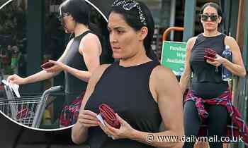 Pregnant Nikki Bella sanitizes her shopping cart at the grocery store