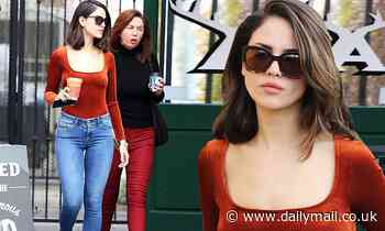 Eiza Gonzalez sports skinny jeans and a red velour bodysuit for coffee date with her mother in LA