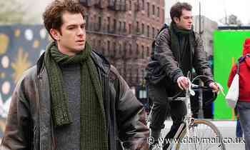 Andrew Garfield cycles through the streets of New York as he films scenes for Tick, Tick... Boom