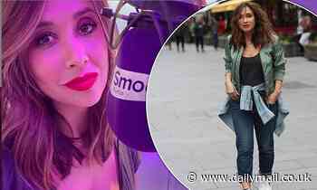 Myleene Klass puts on a busty display in a plunging black top as she hosts radio show