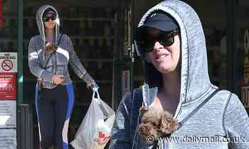 Katy Perry hides her burgeoning baby bump while making a drugstore run with darling dog Nugget 