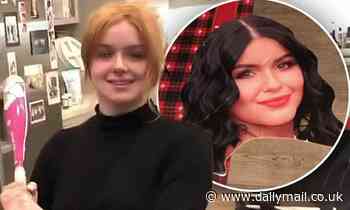 Ariel Winter takes a baseball bat to a cardboard cut-out of her face while cleaning her house