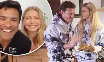 Kelly Ripa and Ryan Seacrest joined by partners Mark Consuelos and Shayna Taylor, film LIVE at home
