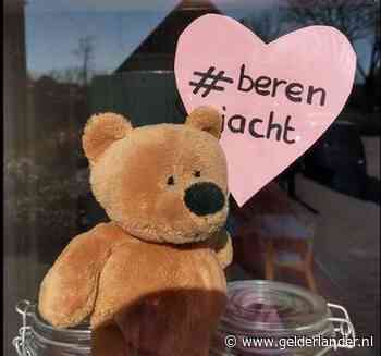 Duizenden knuffelberen achter de ramen voor kinderen die een ommetje maken