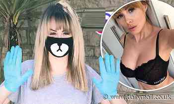 Rhian Sugden poses in a face mask and protective gloves before STRIPPING off to lace bralet