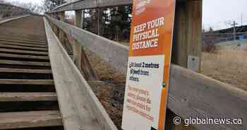 Edmonton installs signs on Royal Glenora stairs discouraging use for exercise due to COVID-19 - Global News